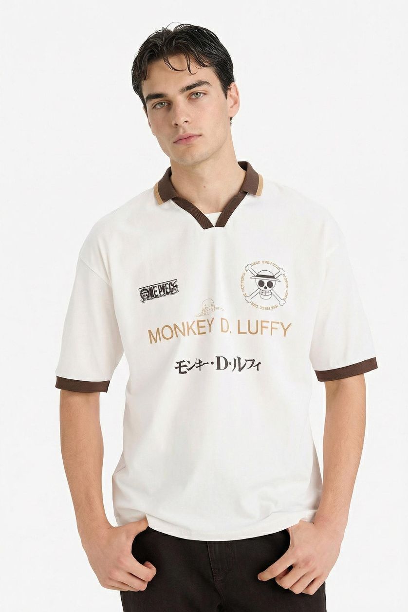 Erkek Ekru One Piece Loose Fıt Tişört