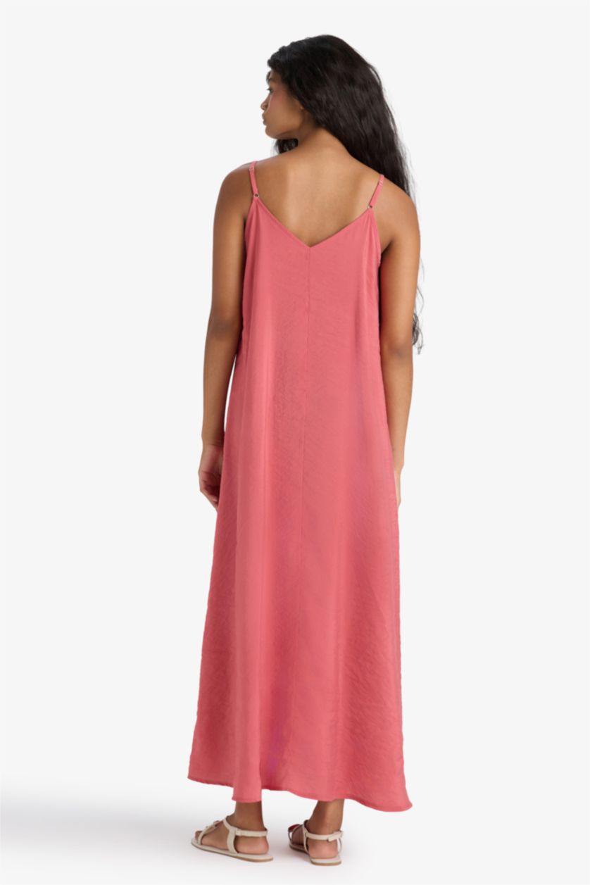 حريمي خمري فاتح فستان طويل منسوج بياخة V بحمالات رفيعة