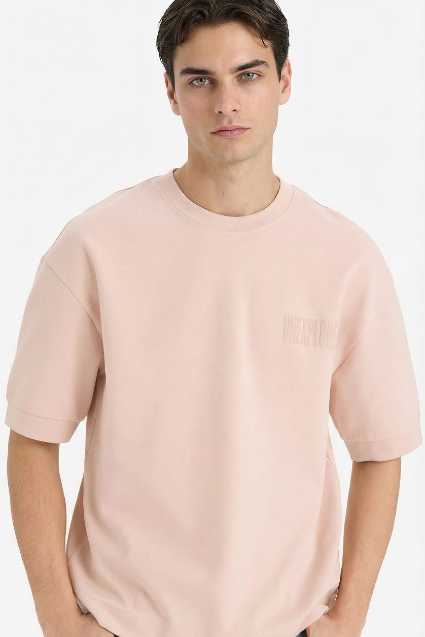 Erkek Pembe Nefes Alabilen Loose Fit Baskılı Tişört