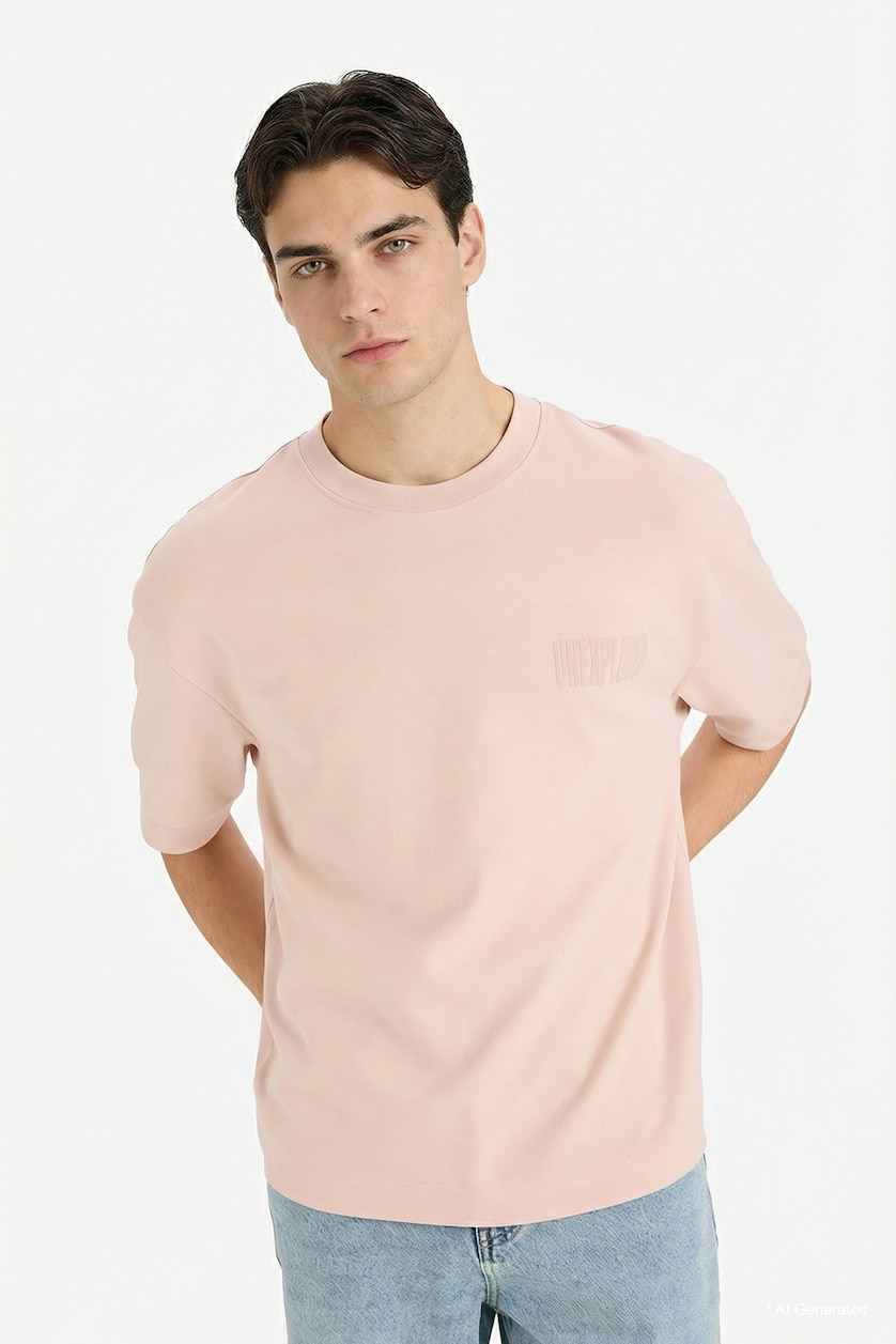 Erkek Pembe Pamuklu Nefes Alabilen Loose Fit Baskılı Tişört