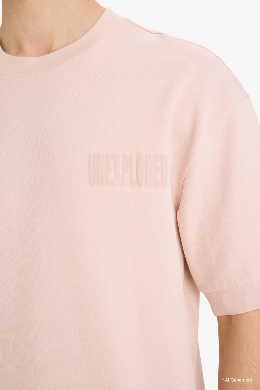 Erkek Pembe Pamuklu Nefes Alabilen Loose Fit Baskılı Tişört