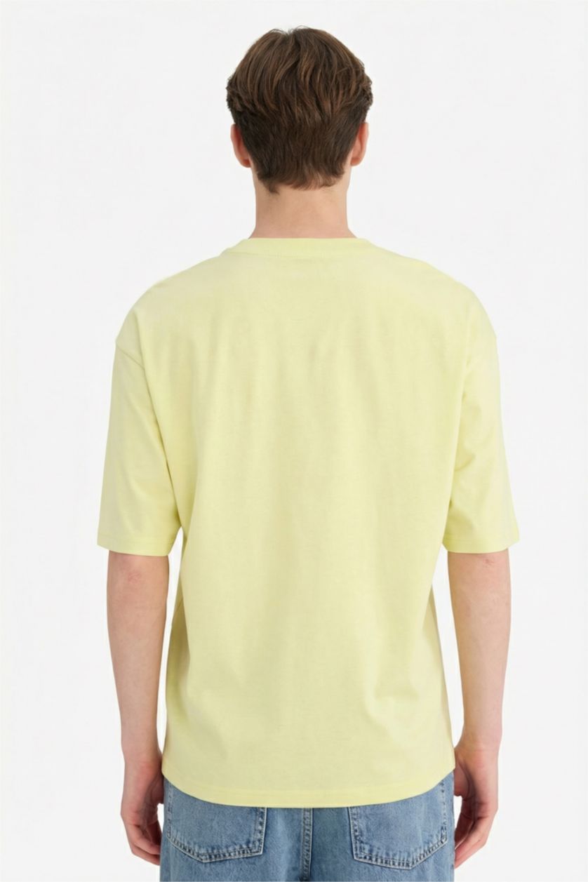 Erkek Açık Yeşil %100 Pamuk Boxy Fit Baskılı Tişört
