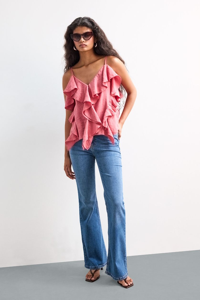 Kadın Açık Bordo Regular Fit V Yaka Modal Volanlı İnce Askılı Bluz