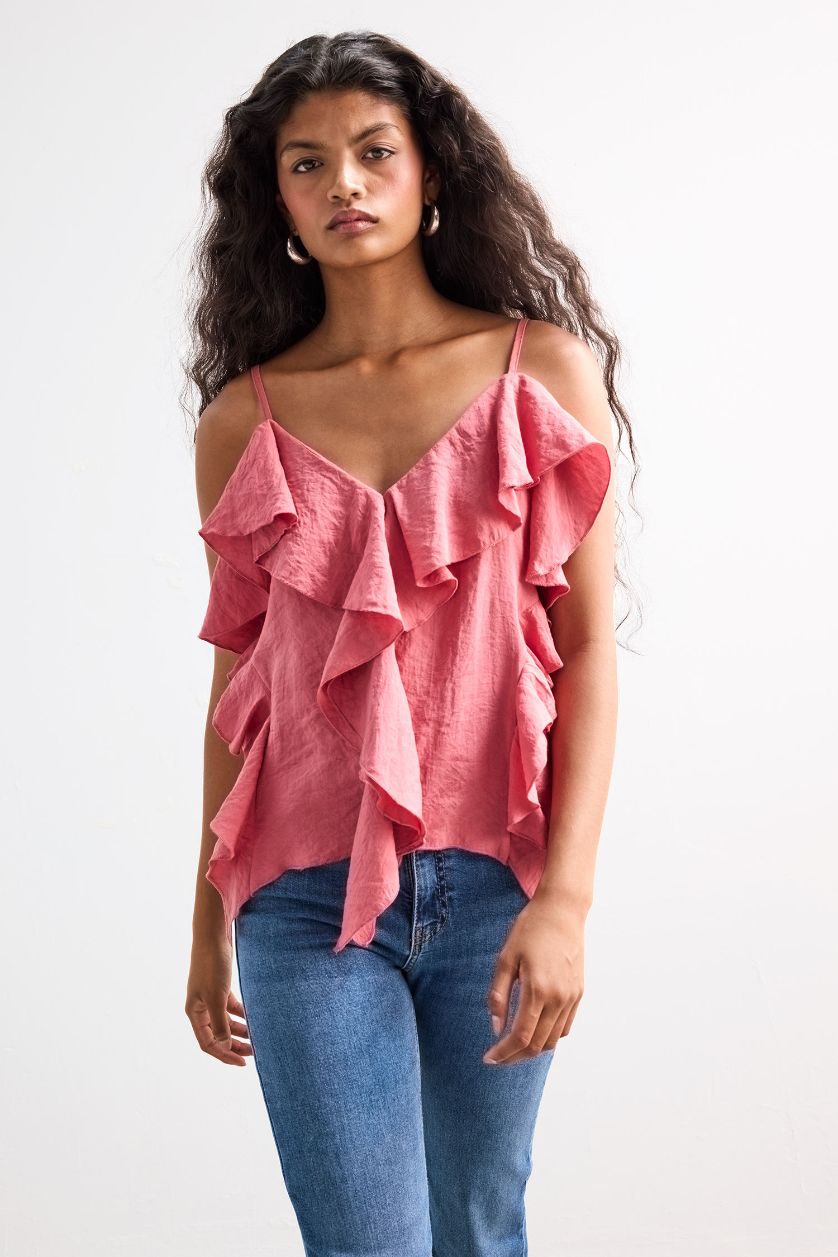 Kadın Açık Bordo Regular Fit V Yaka Modal Volanlı İnce Askılı Bluz