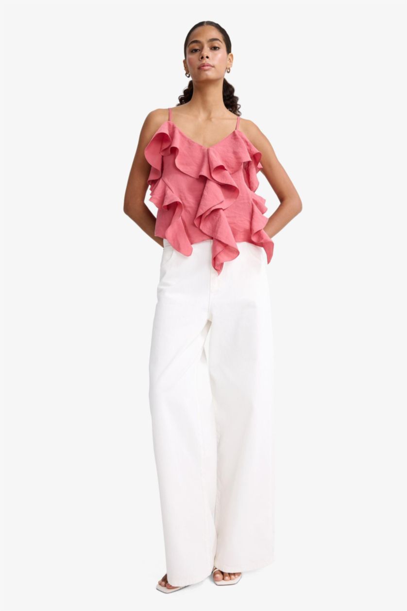 Kadın Açık Bordo Regular Fit V Yaka Modal Volanlı İnce Askılı Bluz