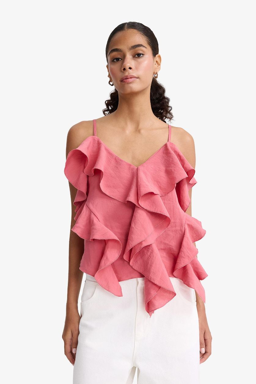 Kadın Açık Bordo Regular Fit V Yaka Modal Volanlı İnce Askılı Bluz