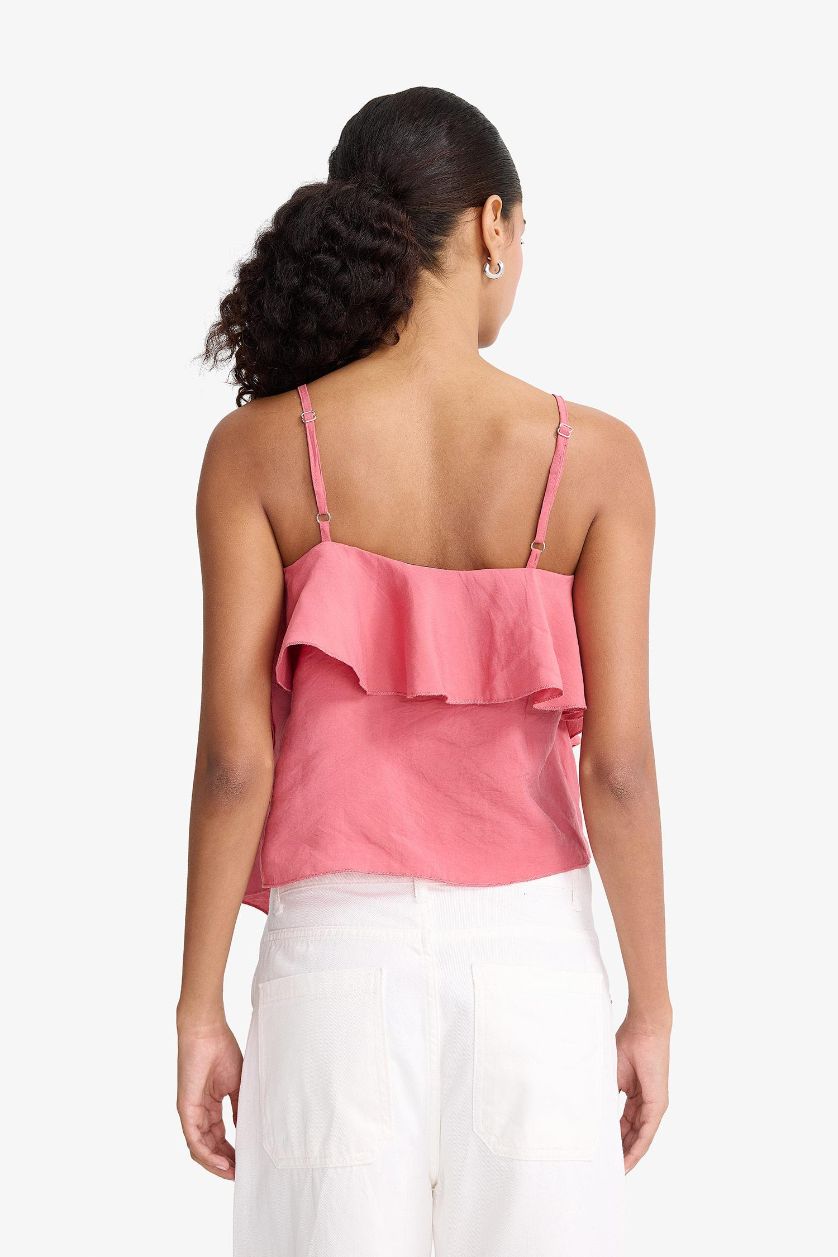 Kadın Açık Bordo Regular Fit V Yaka Modal Volanlı İnce Askılı Bluz