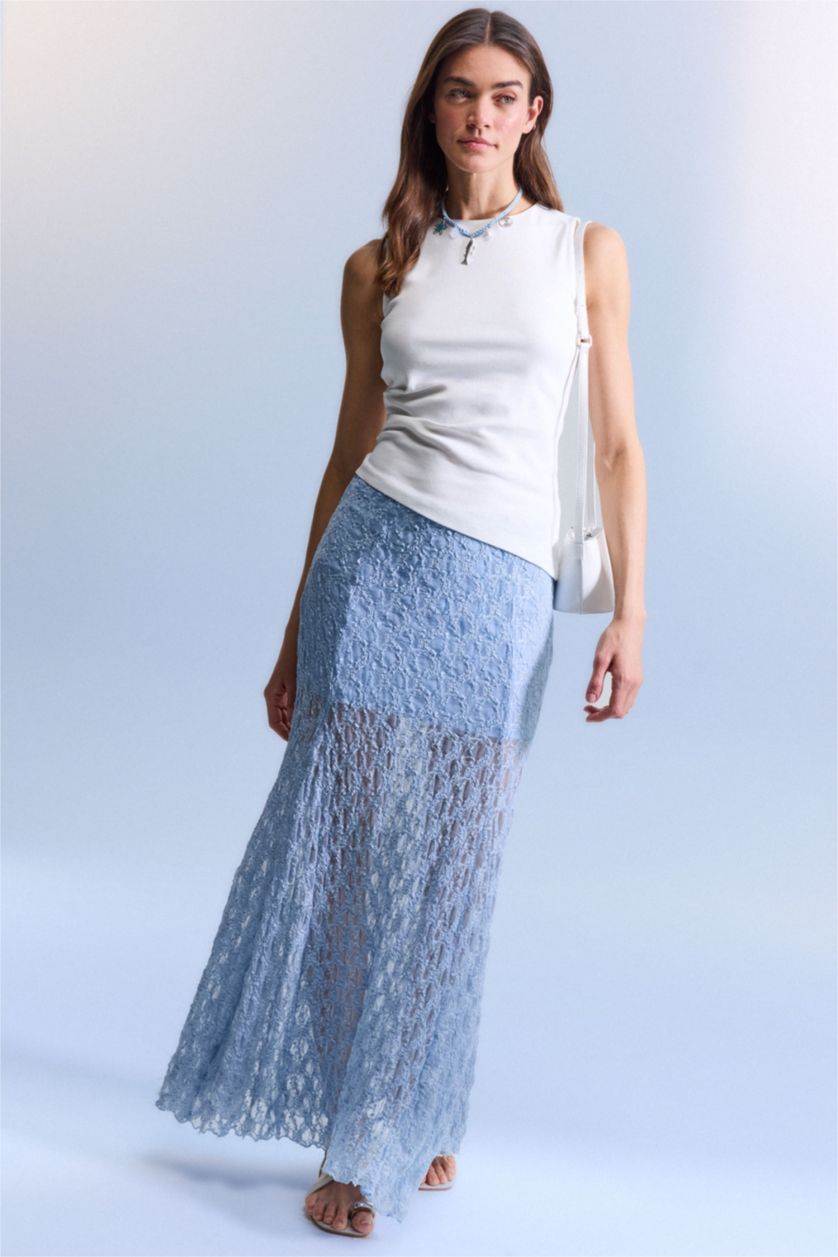 WOMAN Blue A Cut Lace Lined Normal Waist Maxi Knitted Skirt