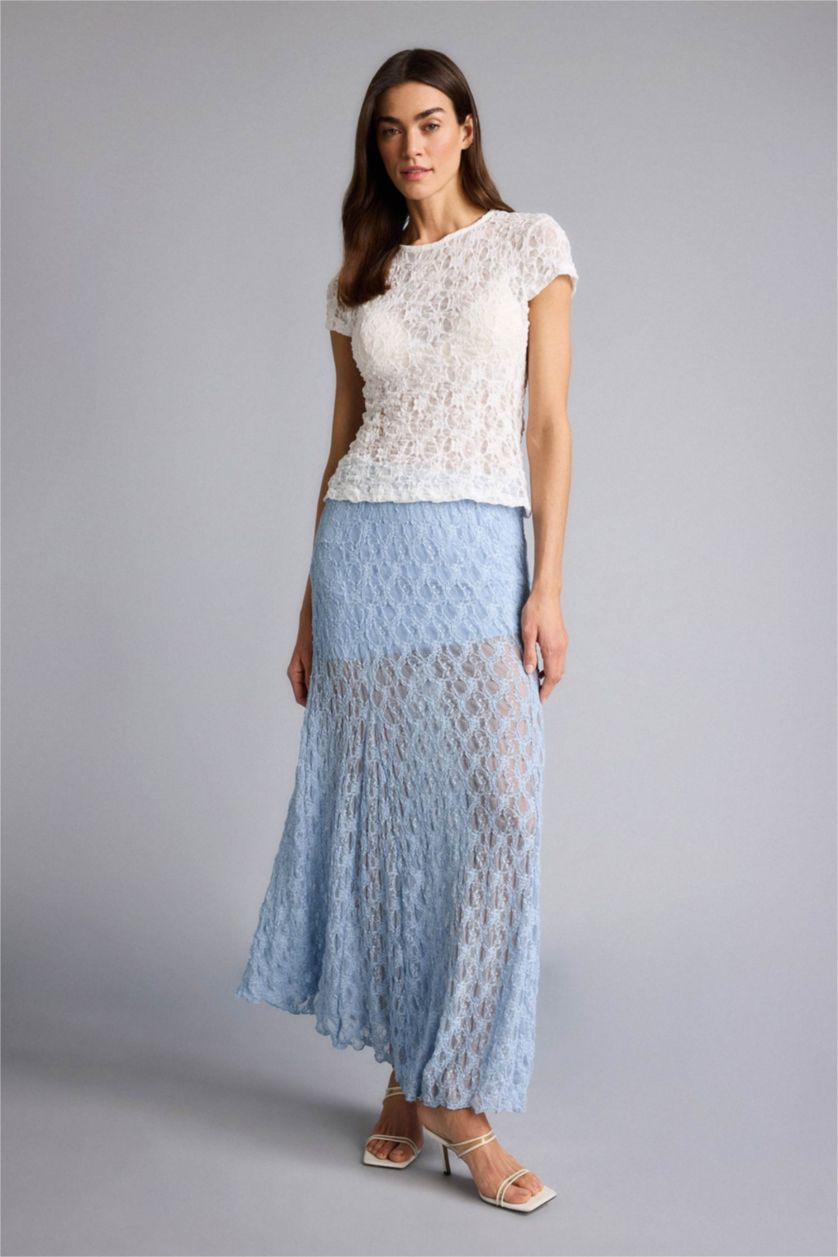 Kadın Mavi A Kesim Normal Bel Astarlı Dantel Maxi Etek