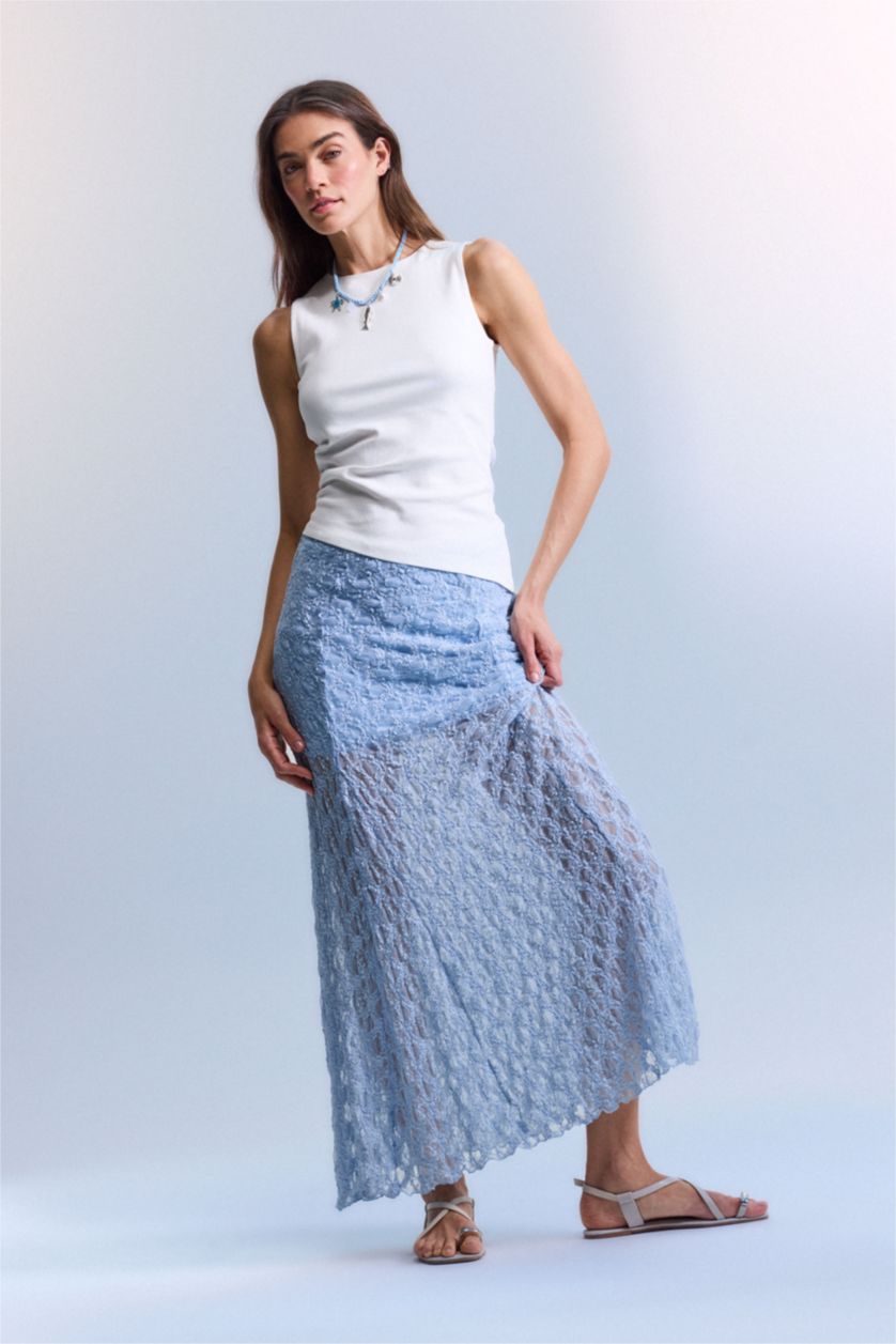 WOMAN Blue A Cut Lace Lined Normal Waist Maxi Knitted Skirt