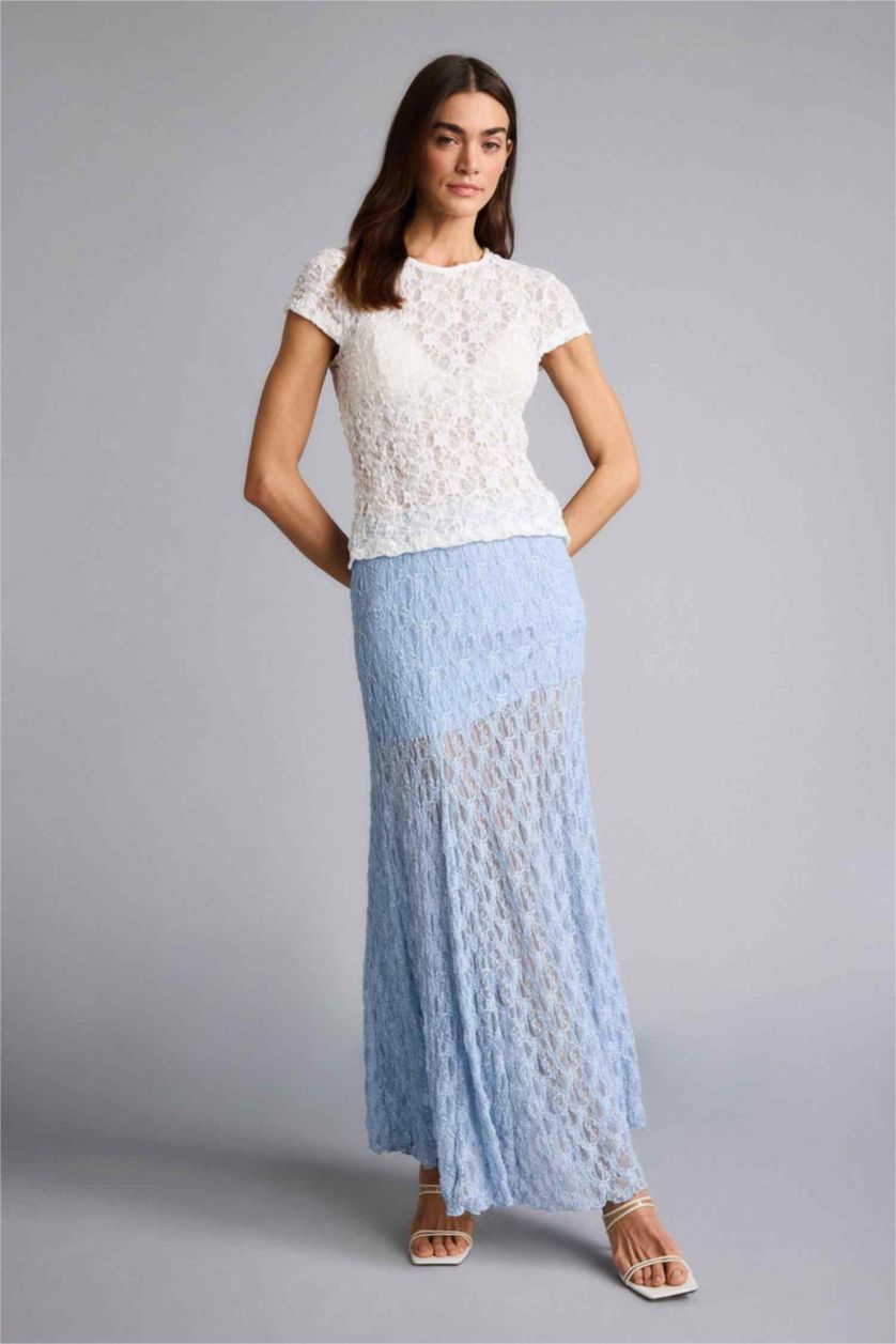WOMAN Blue A Cut Lace Lined Normal Waist Maxi Knitted Skirt