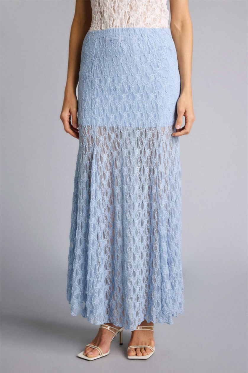 Kadın Mavi A Kesim Normal Bel Astarlı Dantel Maxi Etek