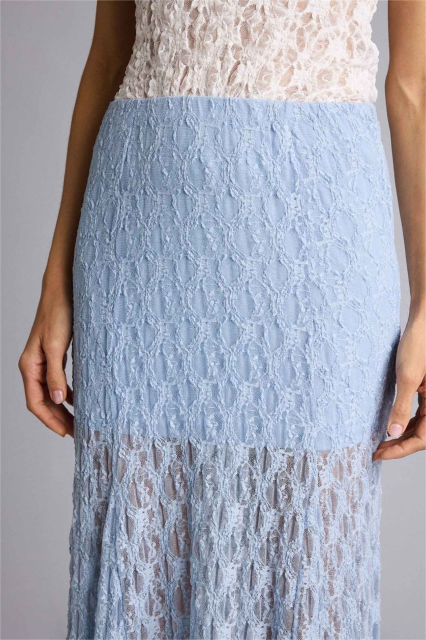 Kadın Mavi A Kesim Normal Bel Astarlı Dantel Maxi Etek