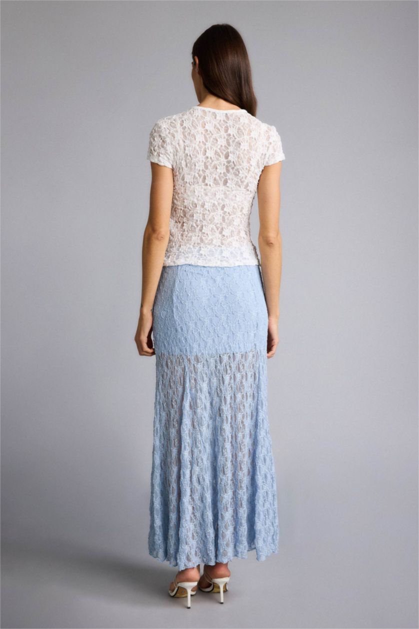 Kadın Mavi A Kesim Normal Bel Astarlı Dantel Maxi Etek