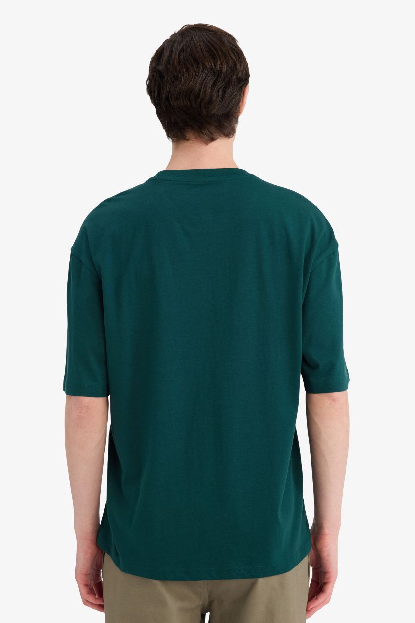 Erkek Koyu Yeşil %100 Pamuk Boxy Fit Baskılı Tişört