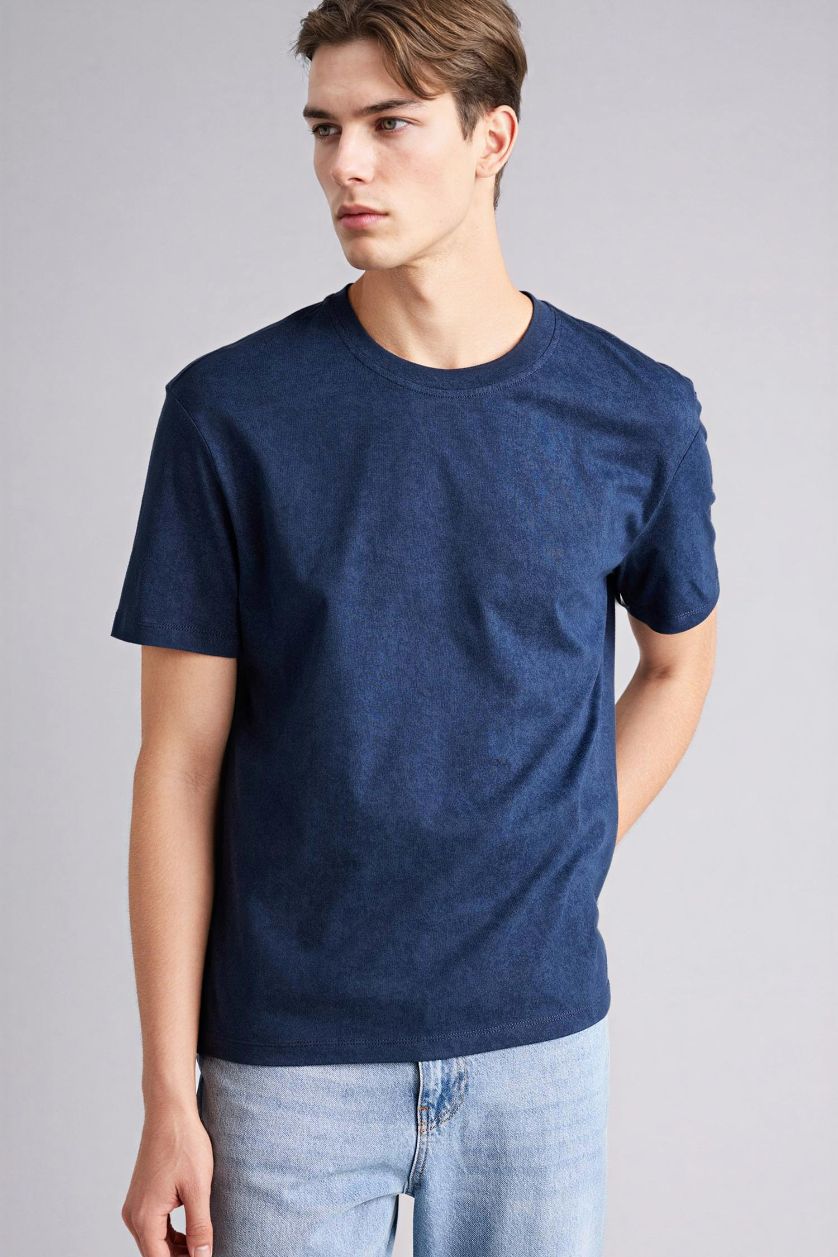 Erkek Mavi %100 Pamuk Baskılı Tişört