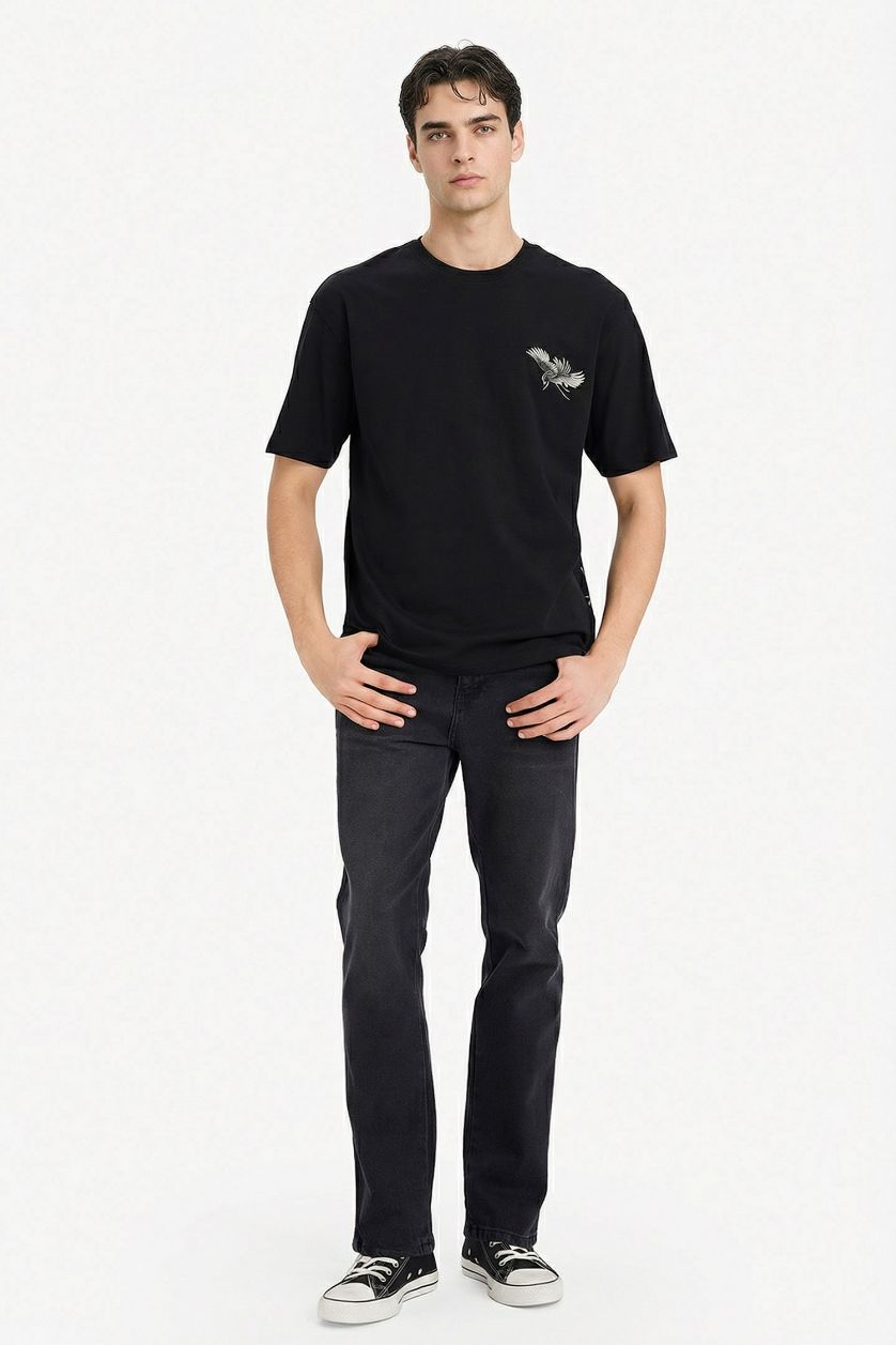 رجالي أسود تيشيرت قطن 100% بطبعة أوفر سايز