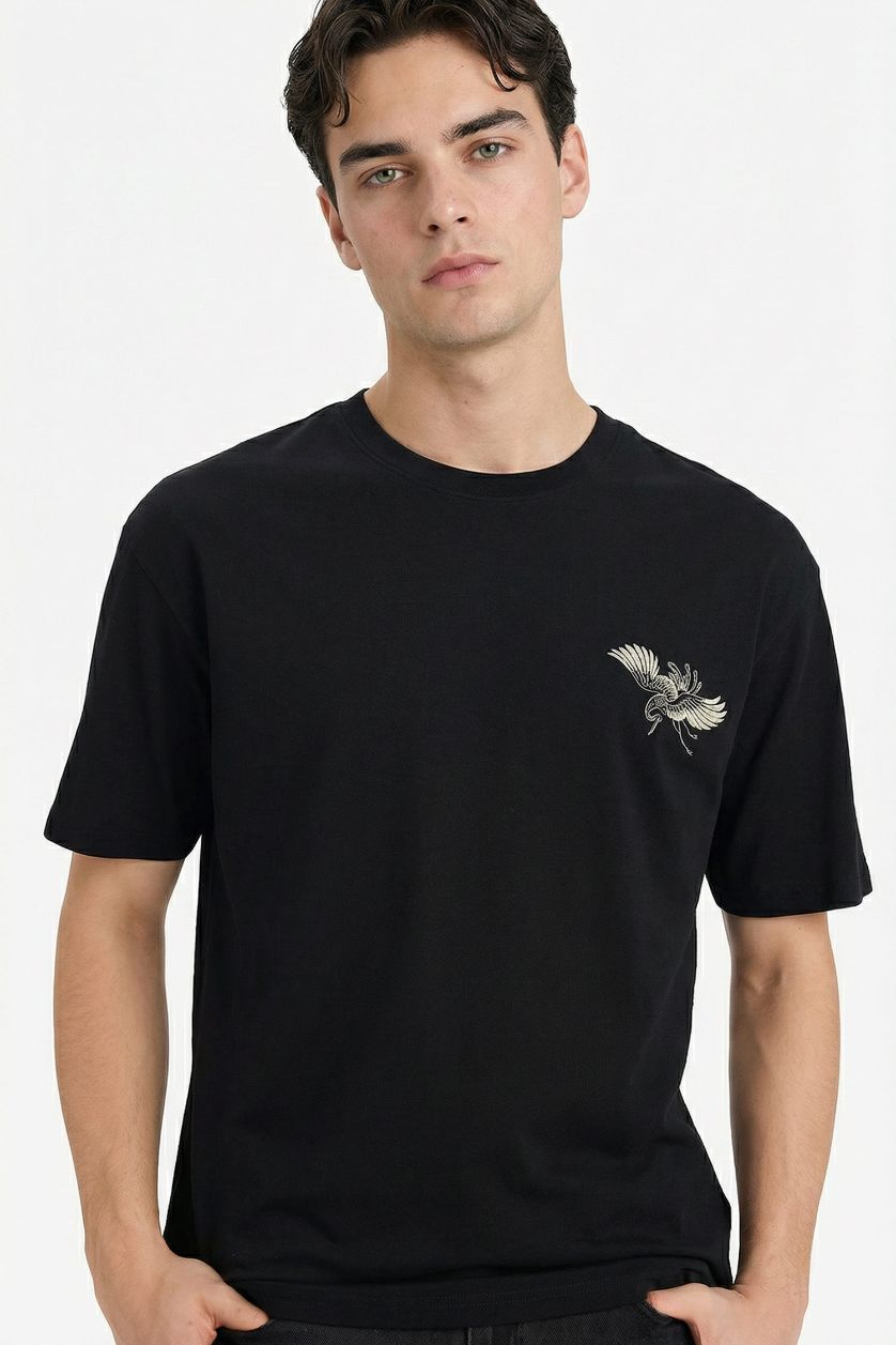رجالي أسود تيشيرت قطن 100% بطبعة أوفر سايز