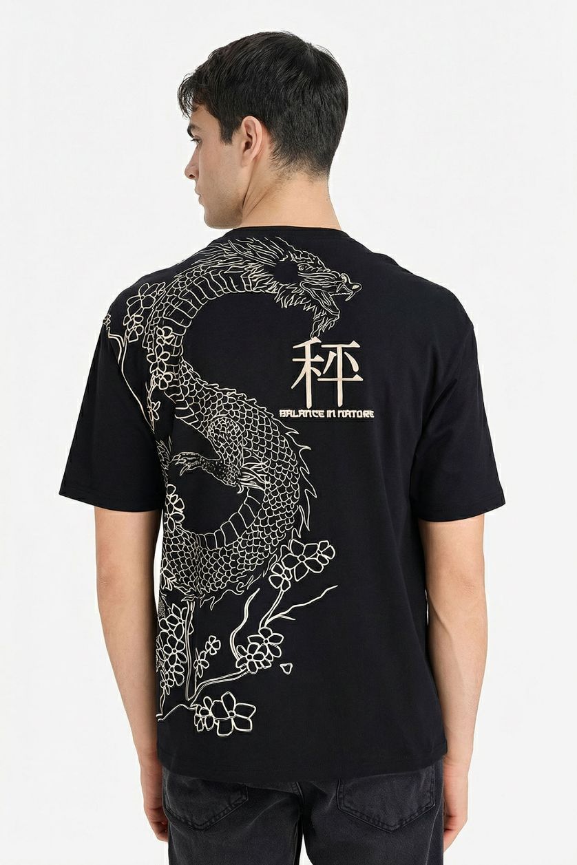 رجالي أسود تيشيرت قطن 100% بطبعة أوفر سايز