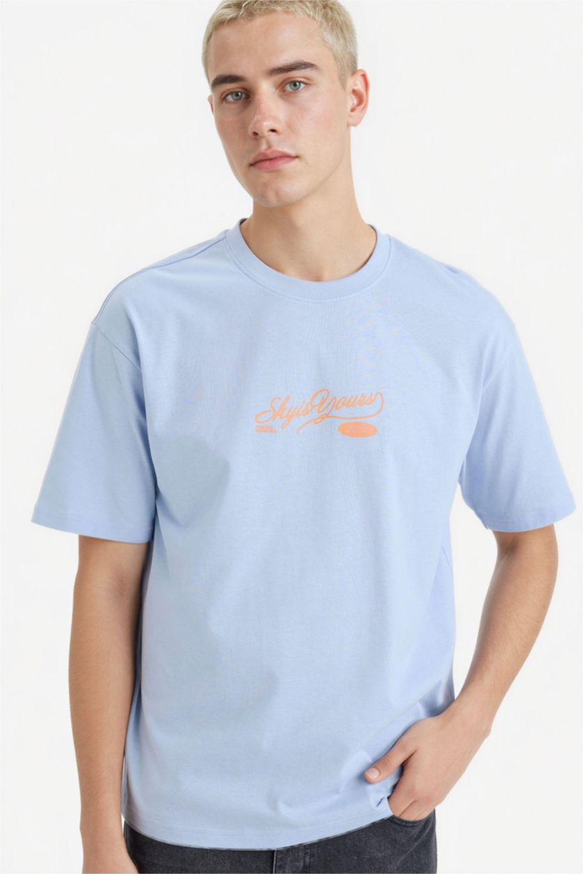 Erkek Açık Mavi %100 Pamuk Boxy Fit Baskılı Tişört