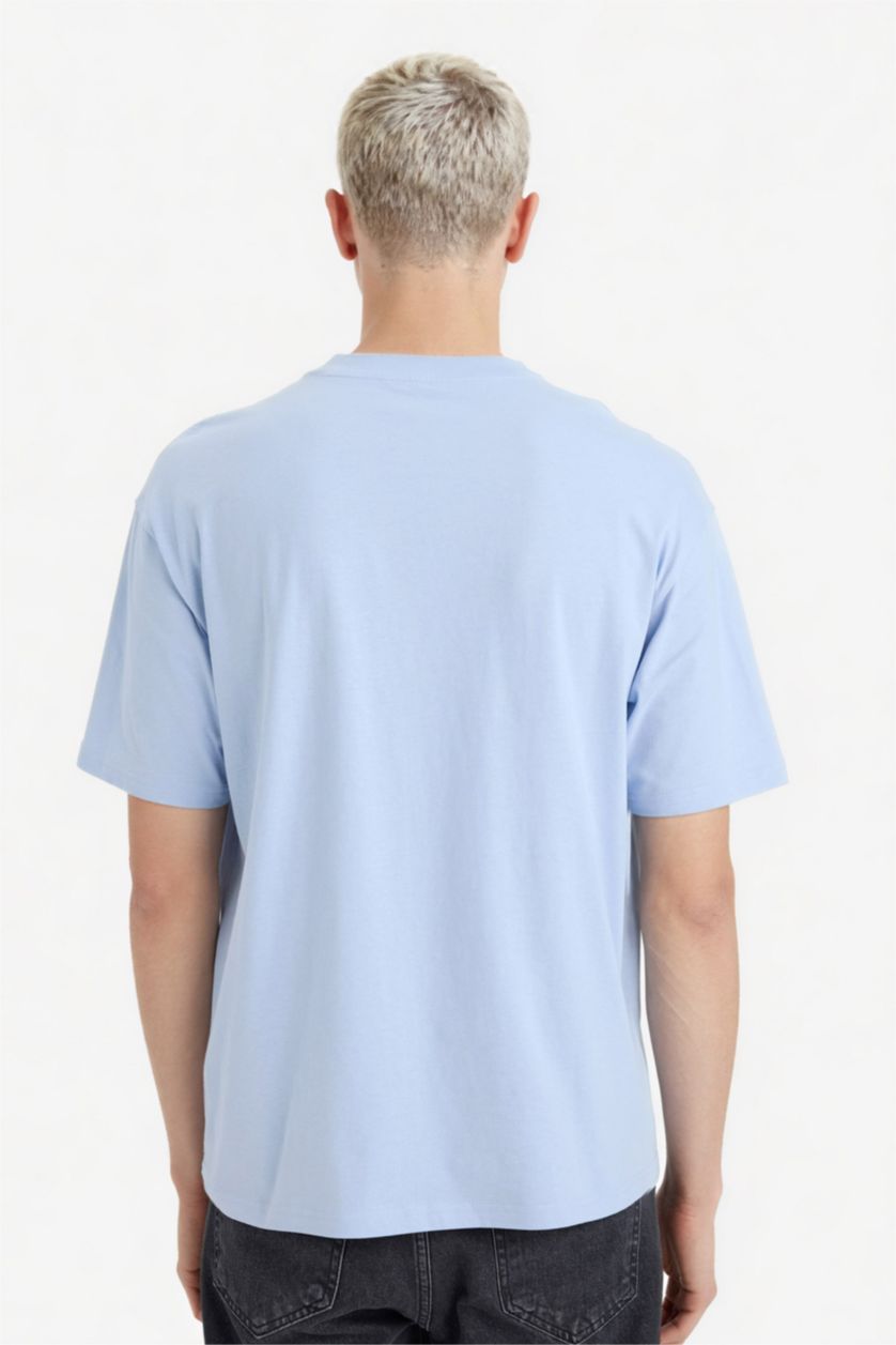Erkek Açık Mavi %100 Pamuk Boxy Fit Baskılı Tişört