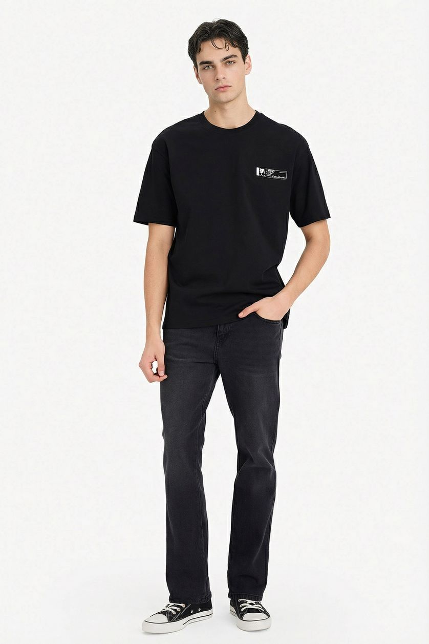 رجالي أسود تيشيرت قطن 100% بطبعة أوفر سايز