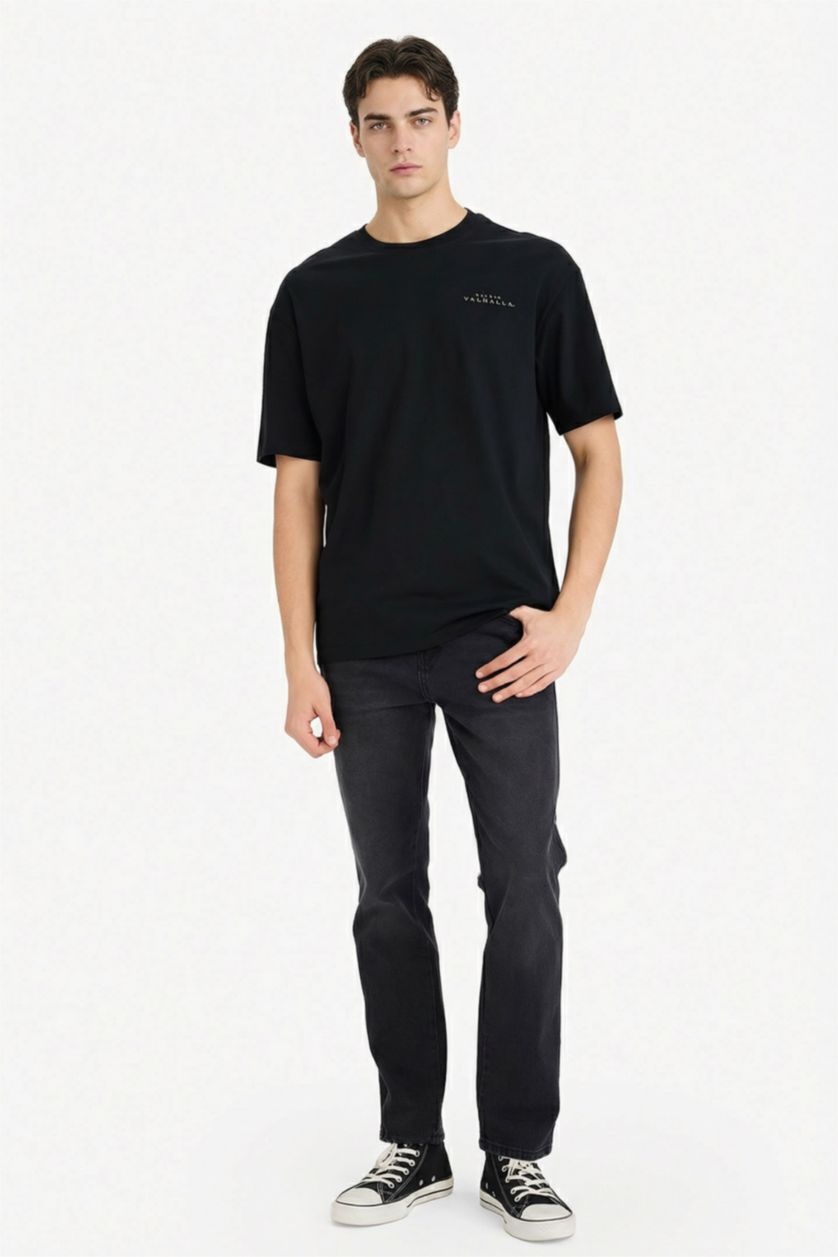 رجال أسود تيشيرت نص كم أوفر سايز بياقة مستديرة