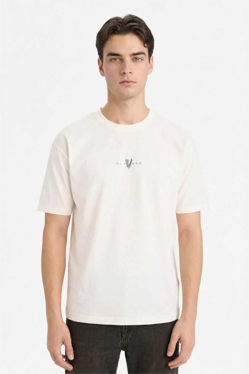 HOMME Écru T-shirt imprimé Vikings à col rond et manches courtes Coupe boxy