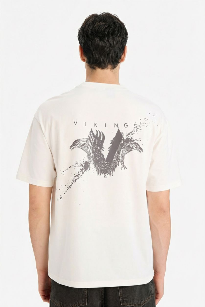 HOMME Écru T-shirt imprimé Vikings à col rond et manches courtes Coupe boxy