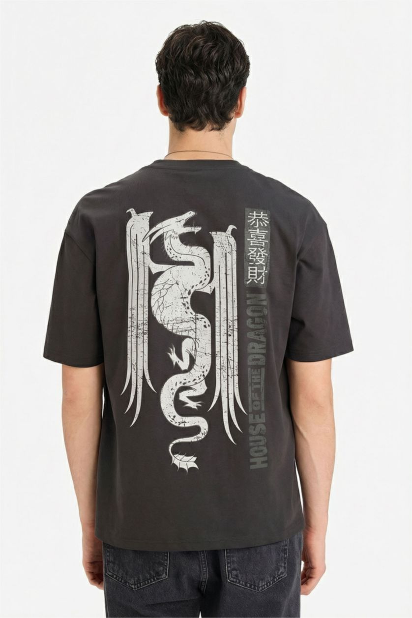 Мужчины Антрацит Футболка House of the Dragon Boxy Fit с круглым вырезом принтом и коротким рукавом