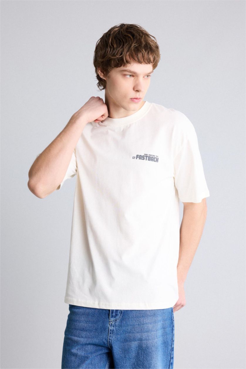 Erkek Ekru Ford Motor Company Boxy Fıt Baskılı Tişört