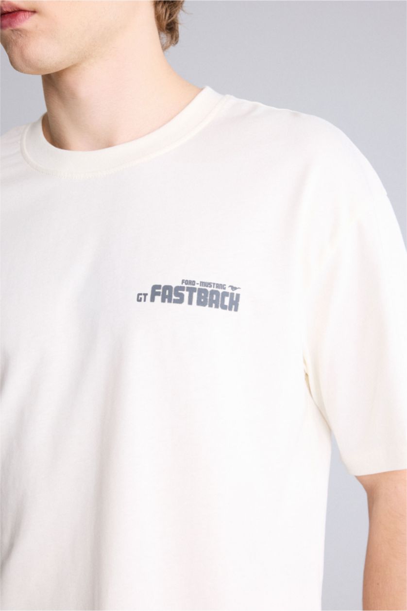 Erkek Ekru Ford Motor Company Boxy Fıt Baskılı Tişört