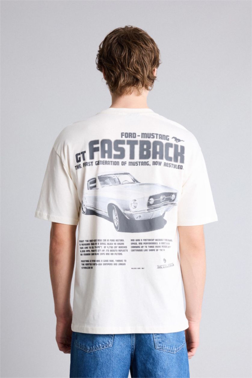 Erkek Ekru Ford Motor Company Boxy Fıt Baskılı Tişört