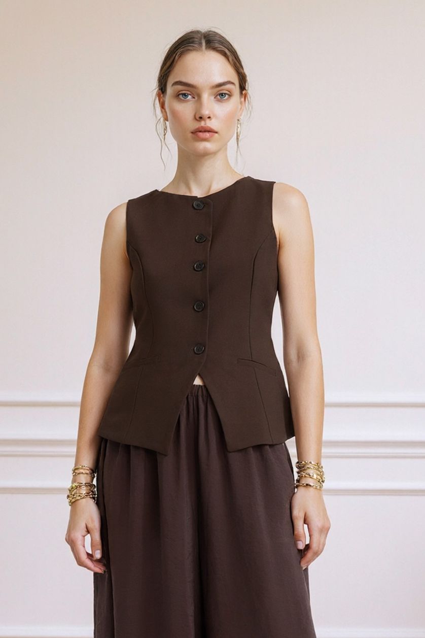 Kadın Kahve Fitted Bisiklet Yaka Düğmeli Yelek