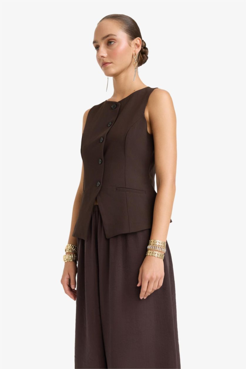 Kadın Kahve Fitted Bisiklet Yaka Düğmeli Yelek