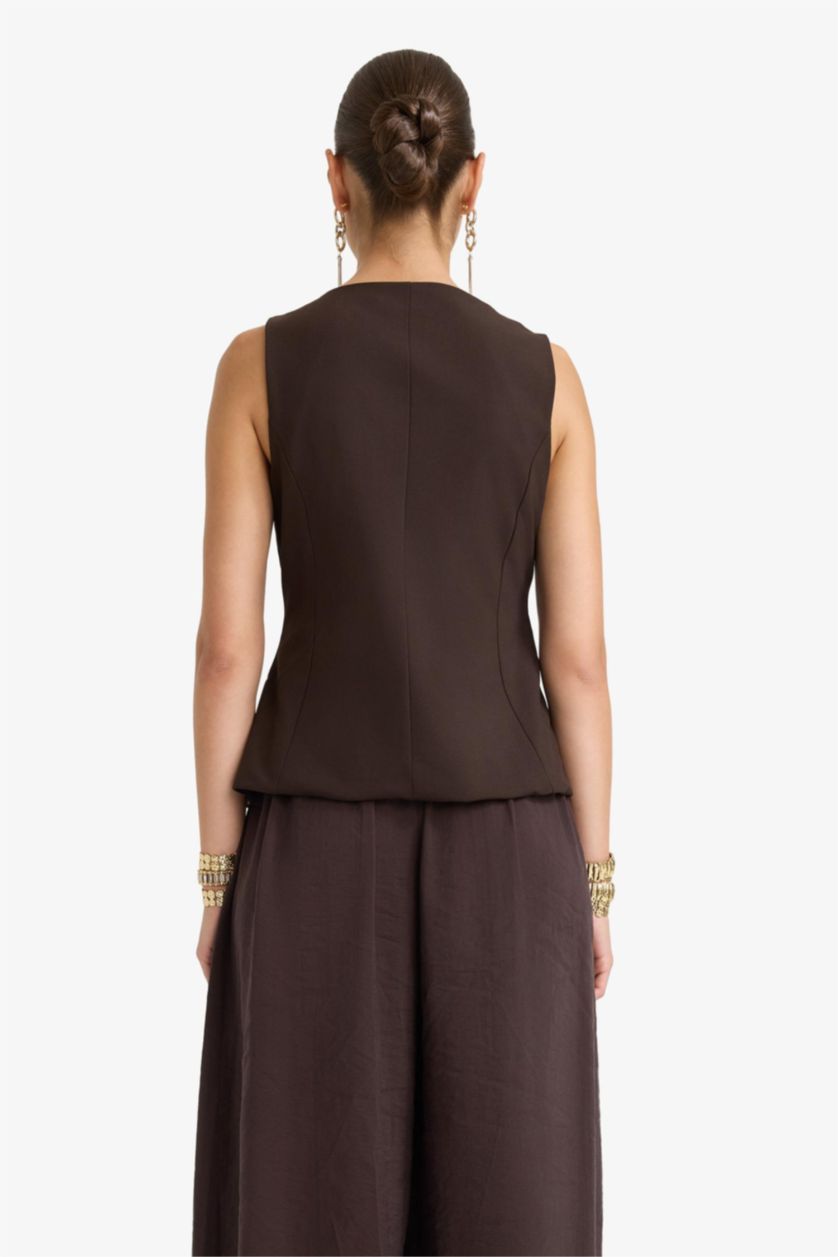 Kadın Kahve Fitted Bisiklet Yaka Düğmeli Yelek