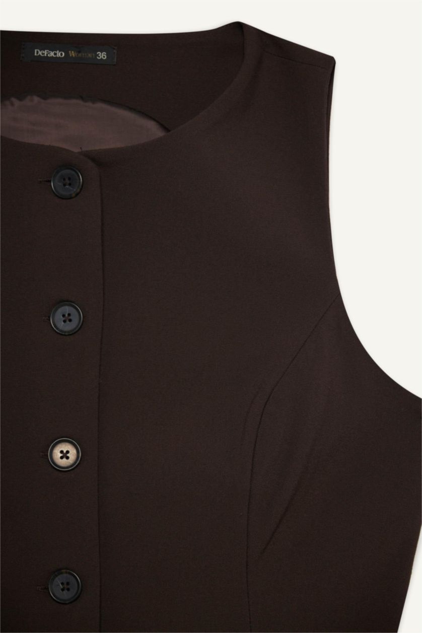 Kadın Kahve Fitted Bisiklet Yaka Düğmeli Yelek