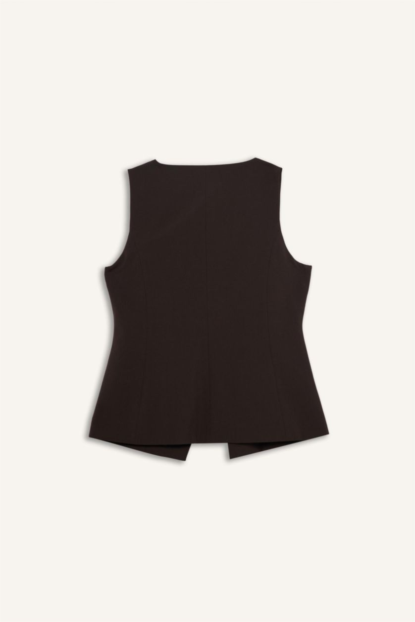 Kadın Kahve Fitted Bisiklet Yaka Düğmeli Yelek