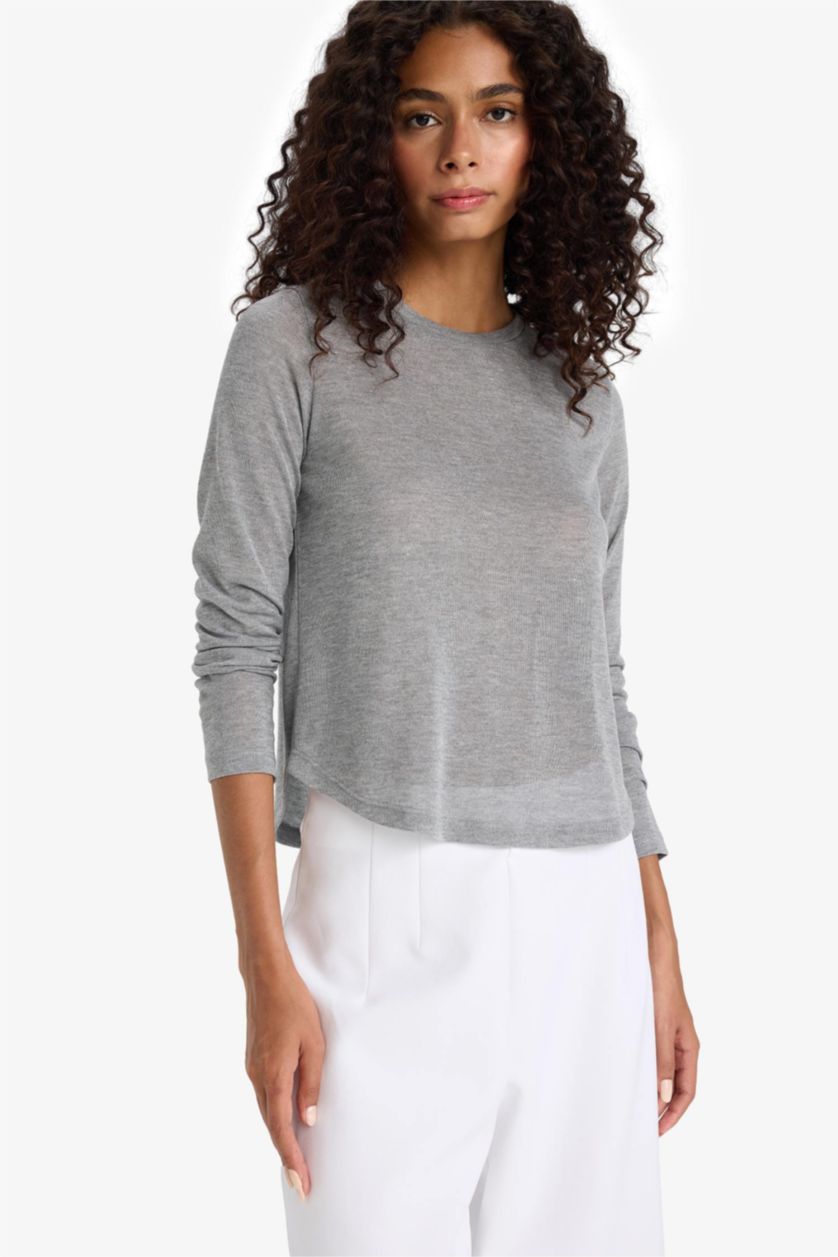 Әйелдерге Сұр Меланж Регулярного кроя футболка с длинными рукавами и круглым вырезом.