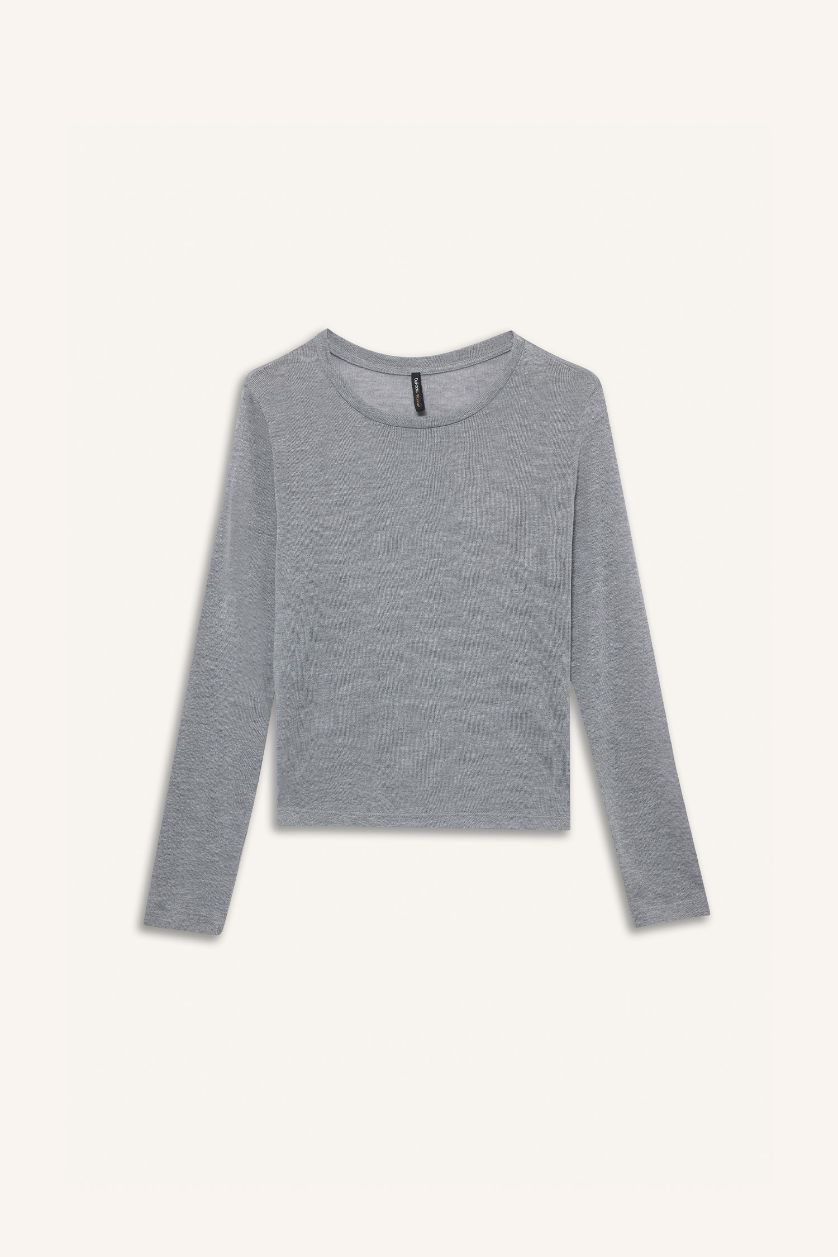 Әйелдерге Сұр Меланж Регулярного кроя футболка с длинными рукавами и круглым вырезом.