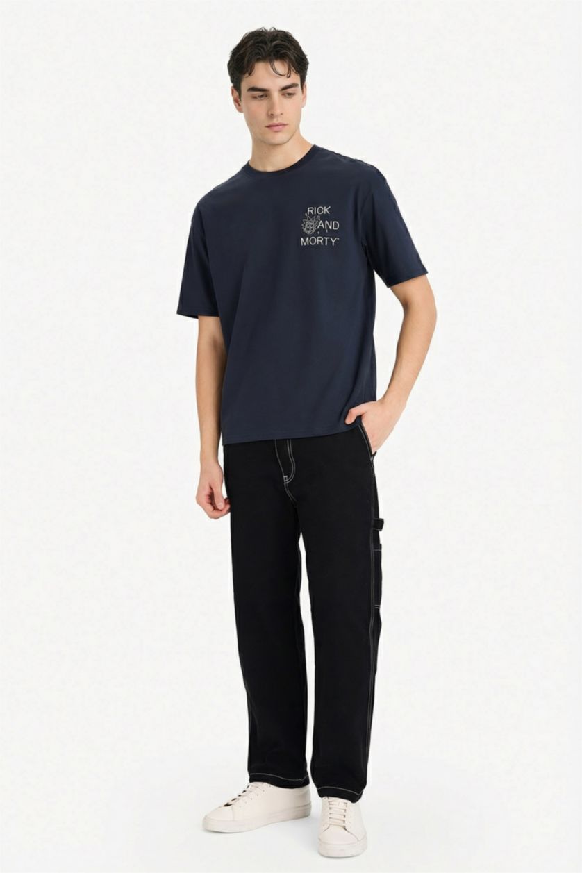 Мужчины Синий Футболка Rick and Morty Boxy Fit с круглым вырезом принтом и коротким рукавом