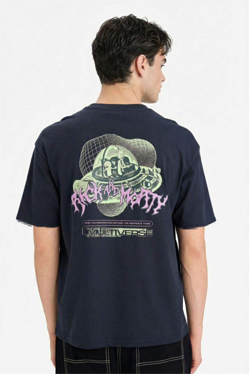 Мужчины Синий Футболка Rick and Morty Boxy Fit с круглым вырезом принтом и коротким рукавом