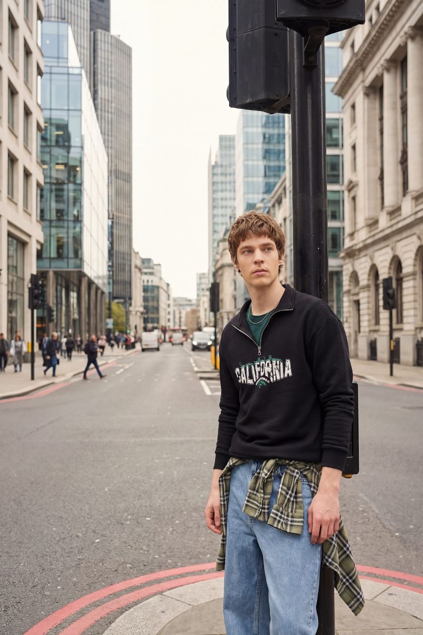 Erkek Siyah Boxy Fıt Dik Yaka Baskılı Sweatshirt