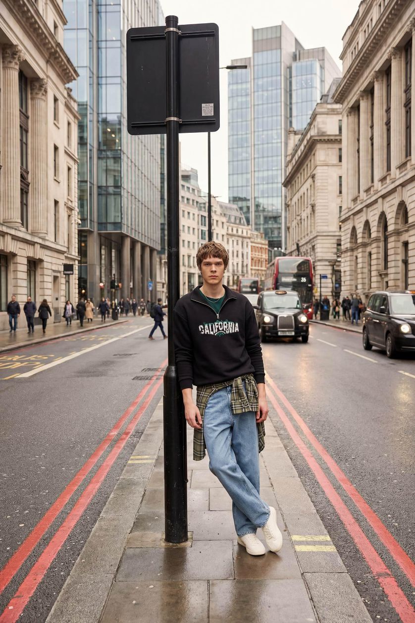 Erkek Siyah Boxy Fıt Dik Yaka Baskılı Sweatshirt