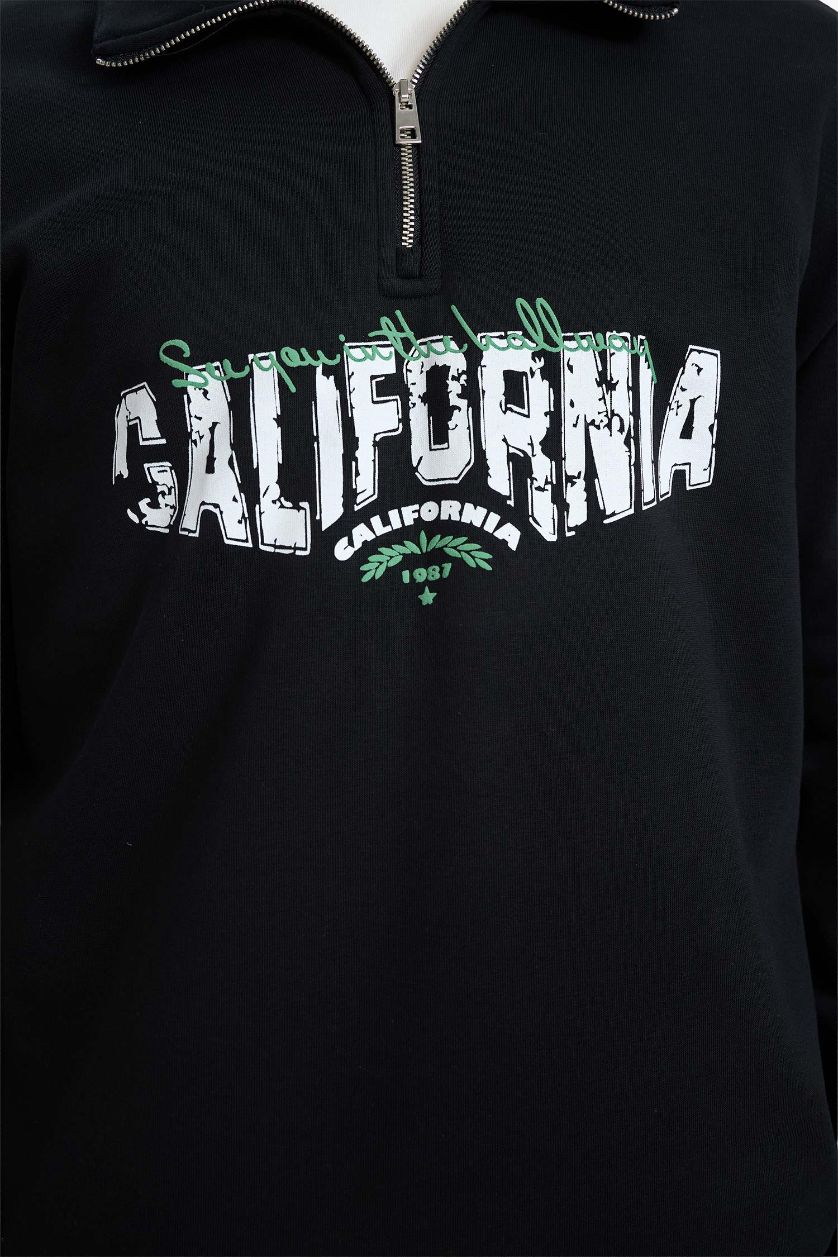 Erkek Siyah Boxy Fıt Dik Yaka Baskılı Sweatshirt