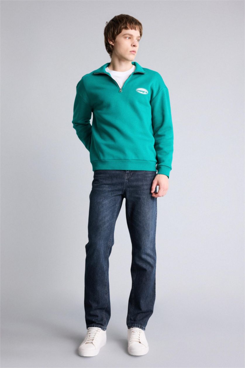 رجال أخضر سويت شيرت مطبوع أوفر سايز بياقة عالية بساق بسحاب