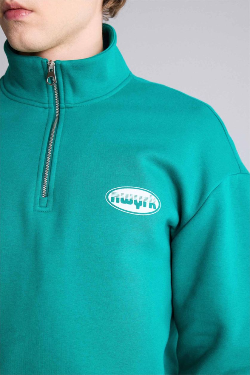 رجال أخضر سويت شيرت مطبوع أوفر سايز بياقة عالية بساق بسحاب