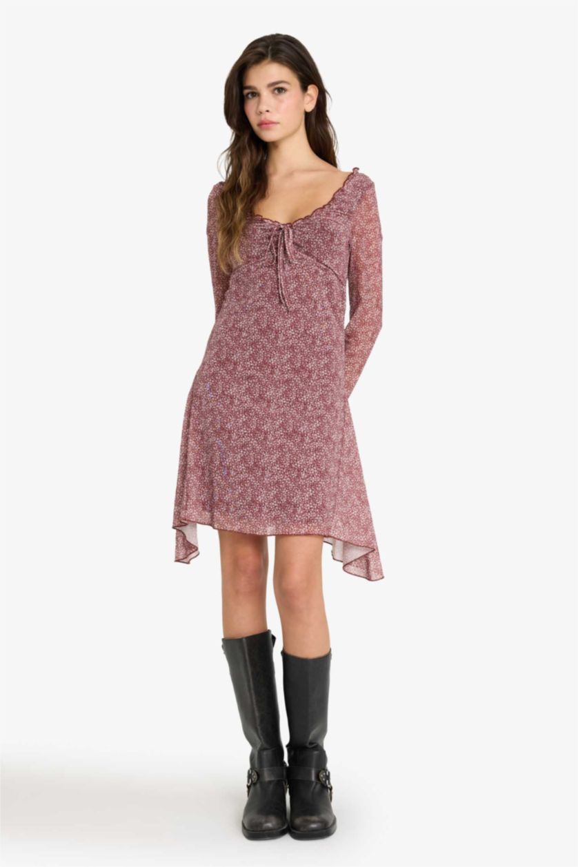 Woman Bordeaux V-Neck Floral Tulle Mini Dress