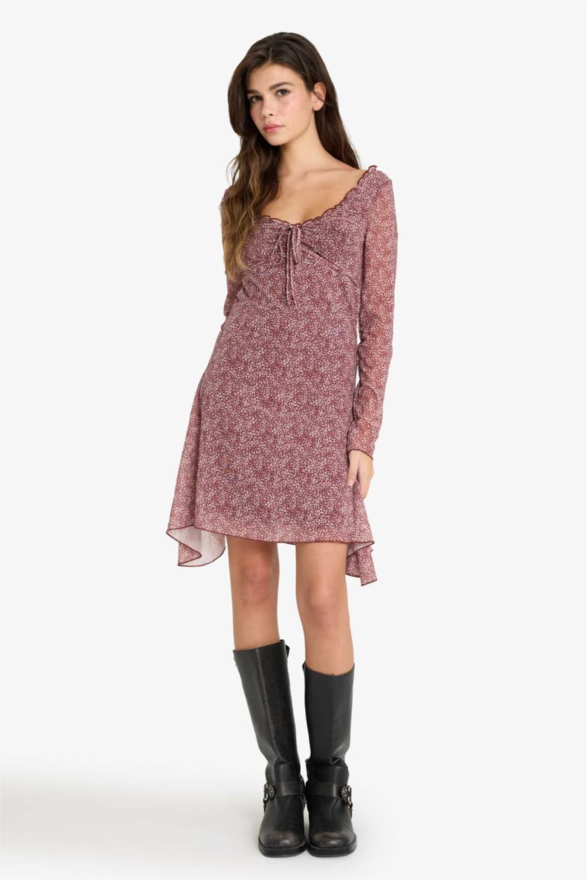 Woman Bordeaux V-Neck Floral Tulle Mini Dress