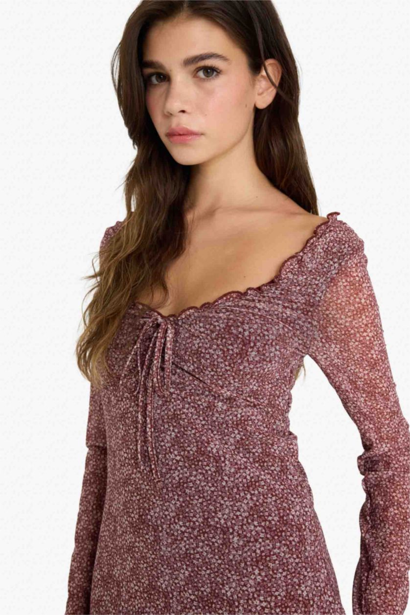 Woman Bordeaux V-Neck Floral Tulle Mini Dress